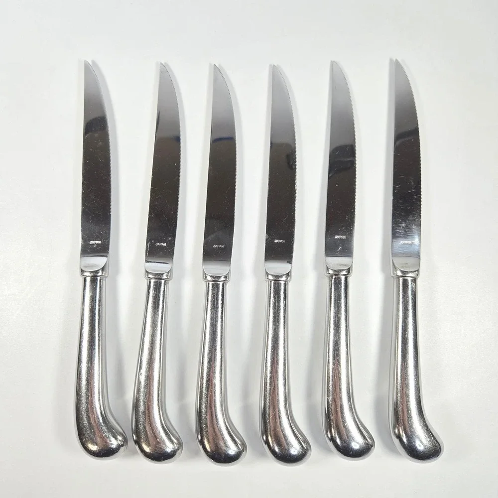 VTG 6 Hull Stainless Japan Monoblock one piece Steak Knives Pistol Grip Serrated